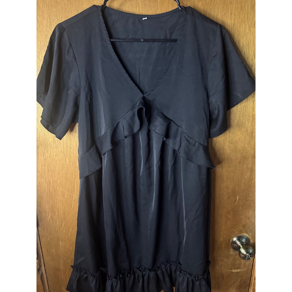 Womens Black Ruffle Hem V-Neck Mini Dress Short Sleeve Satin Finish Size M